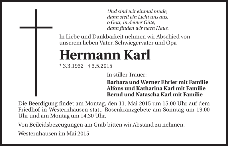  Traueranzeige für Karl Hermann vom 07.05.2015 aus 