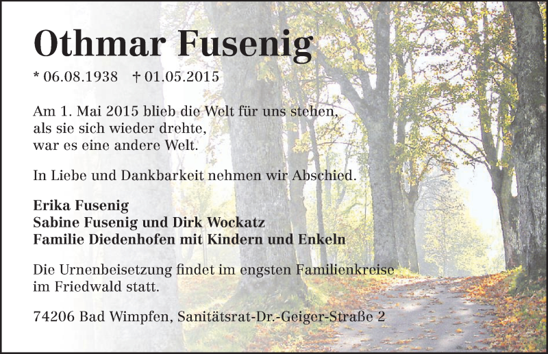  Traueranzeige für Othmar Fusenig vom 16.05.2015 aus 