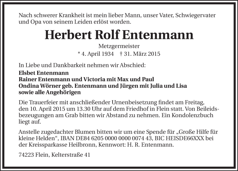  Traueranzeige für Herbert Rolf  Entenmann vom 02.04.2015 aus 