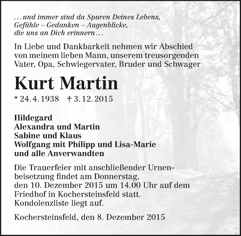  Traueranzeige für Kurt Martin vom 08.12.2015 aus 