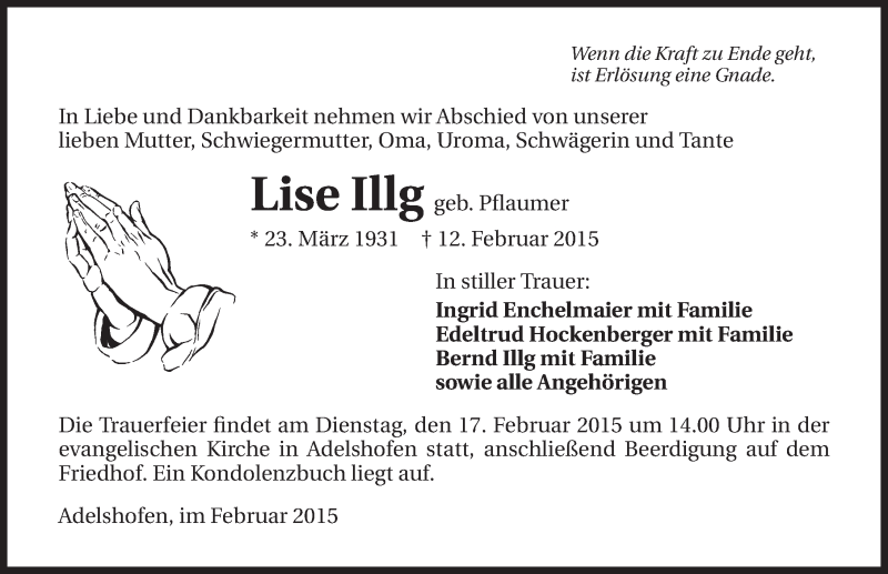  Traueranzeige für Lise Illg vom 14.02.2015 aus 