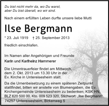 Traueranzeige von Ilse Bergmann 