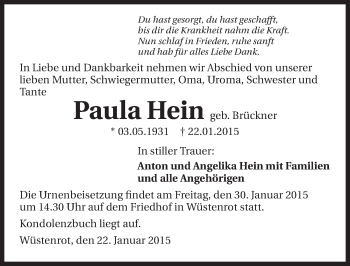 Traueranzeige von Paula Hein 
