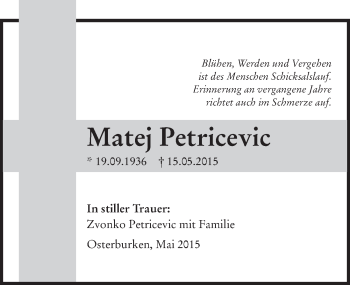 Traueranzeige von Matej Petricevic 