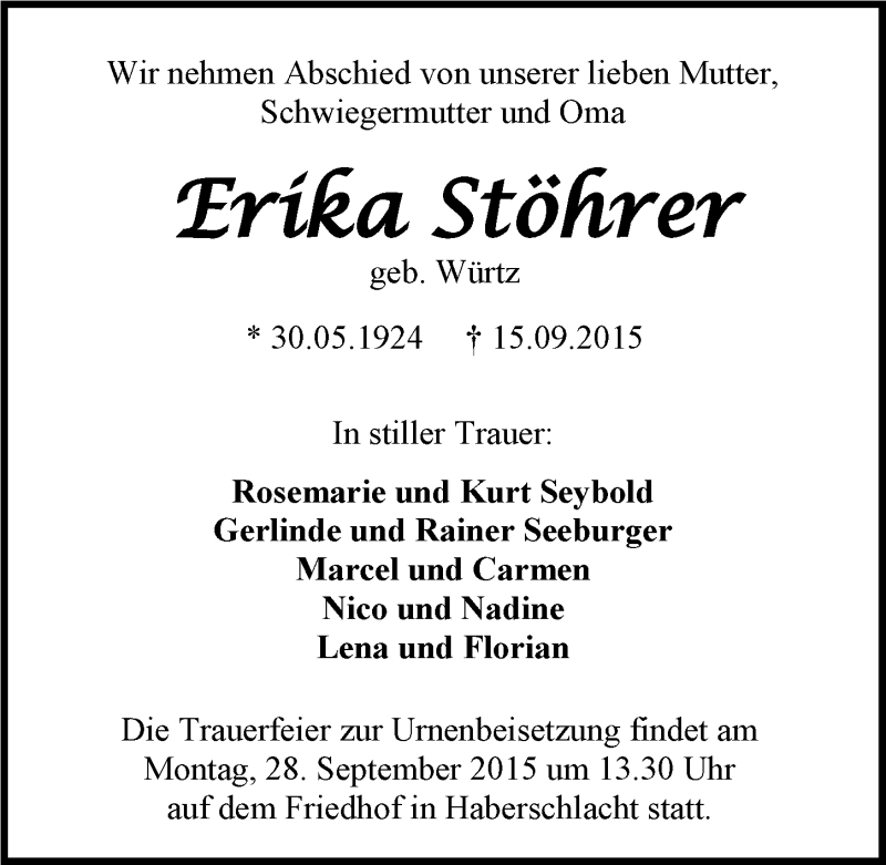  Traueranzeige für Erika Stöhrer vom 22.09.2015 aus 