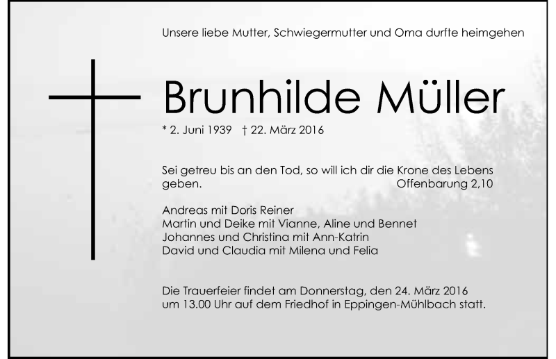 Traueranzeige für Brunhilde Müller vom 23.03.2016 aus 