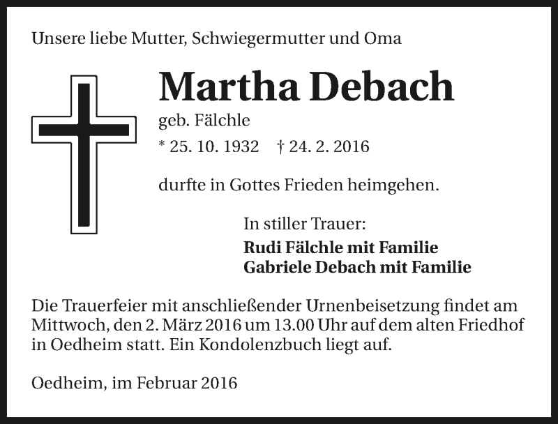  Traueranzeige für Martha Debach vom 29.02.2016 aus 