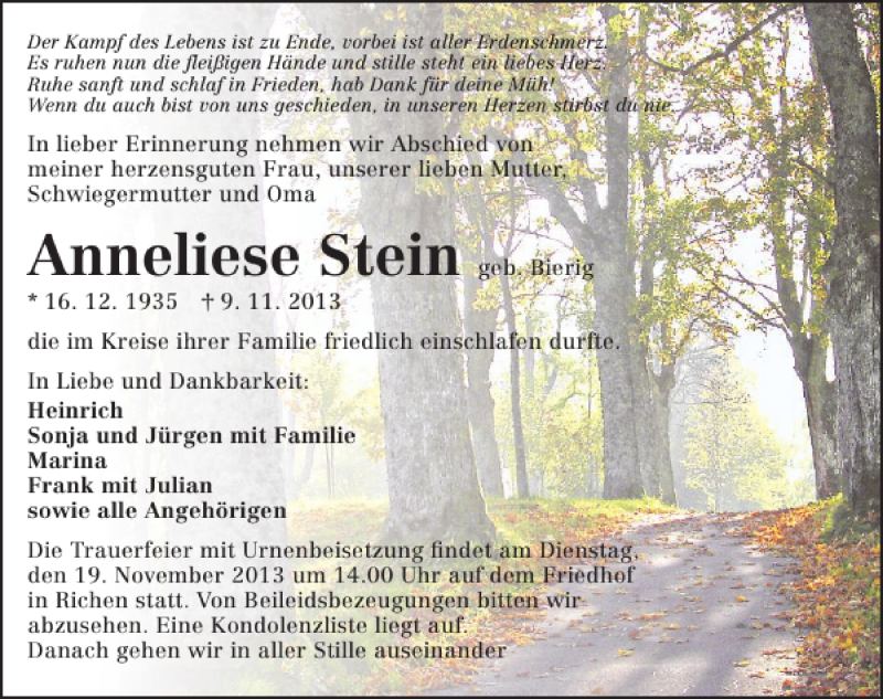  Traueranzeige für Anneliese Stein vom 16.11.2013 aus 