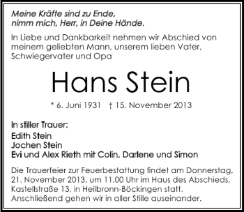 Traueranzeige von Hans Stein 