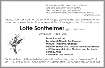 Traueranzeige von Lotte Sontheimer 