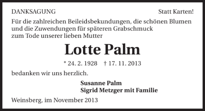  Traueranzeige für Lotte Palm vom 03.12.2013 aus 
