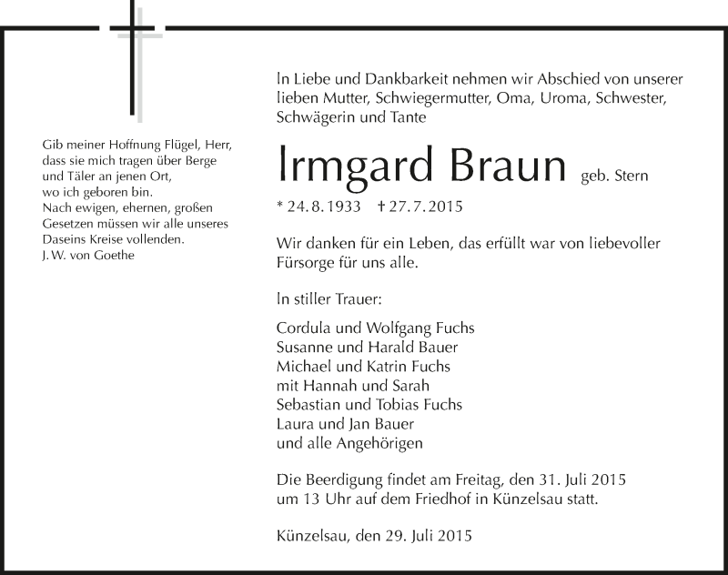  Traueranzeige für Irmgard Braun vom 29.07.2015 aus 