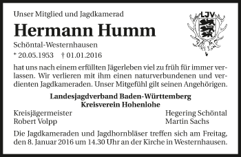 Traueranzeige von Hermann Humm 