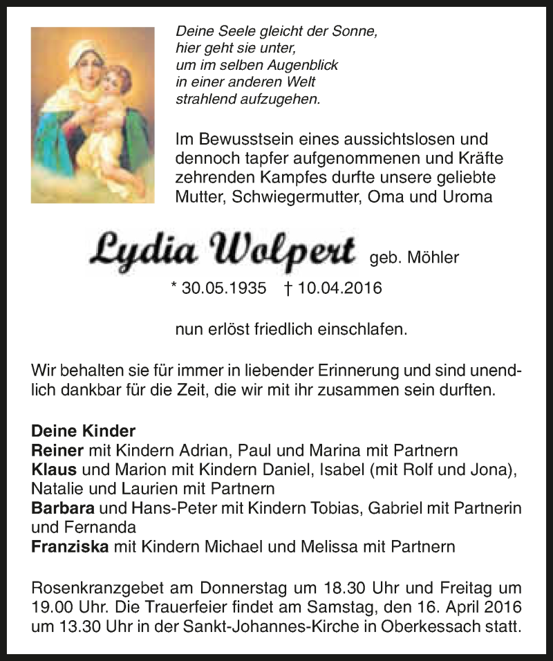  Traueranzeige für Lydia Wolpert vom 12.04.2016 aus 