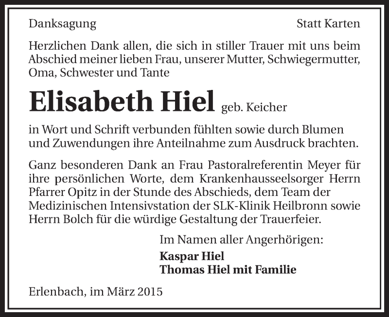  Traueranzeige für Elisabeth Hiel vom 07.03.2015 aus 
