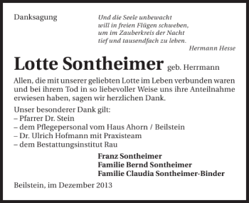 Traueranzeige von Lotte Sontheimer 