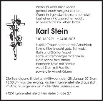 Traueranzeige von Karl Stein 