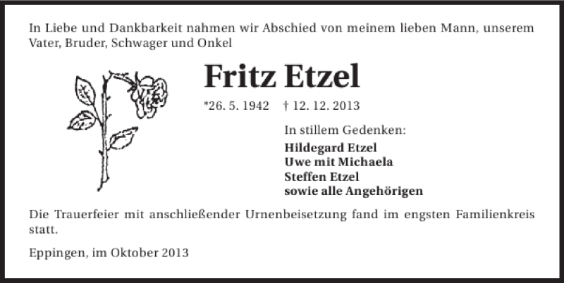  Traueranzeige für Etzel Fritz vom 28.12.2013 aus 