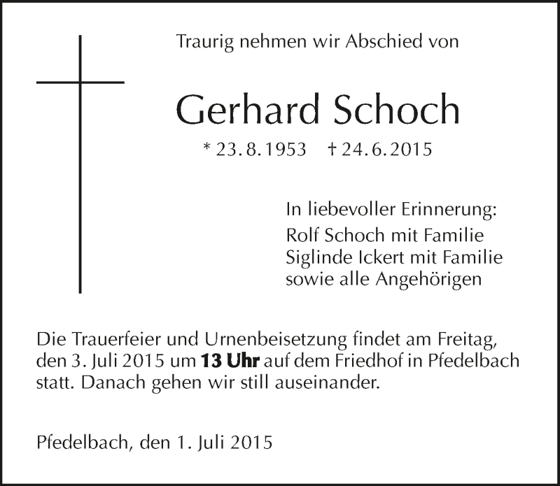  Traueranzeige für Gerhard Schoch vom 01.07.2015 aus 