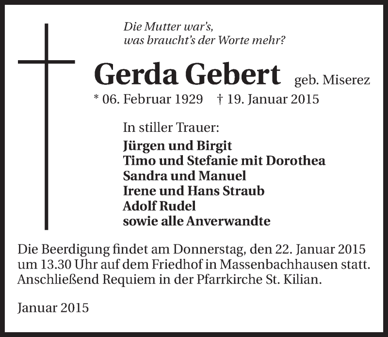  Traueranzeige für Gerda Gebert vom 21.01.2015 aus 