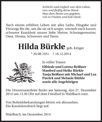 Traueranzeige von Hilda Bürkle 