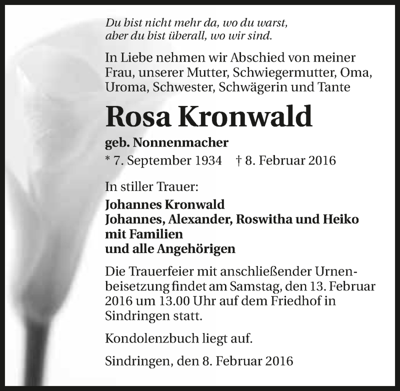  Traueranzeige für Rosa Kronwald vom 10.02.2016 aus 