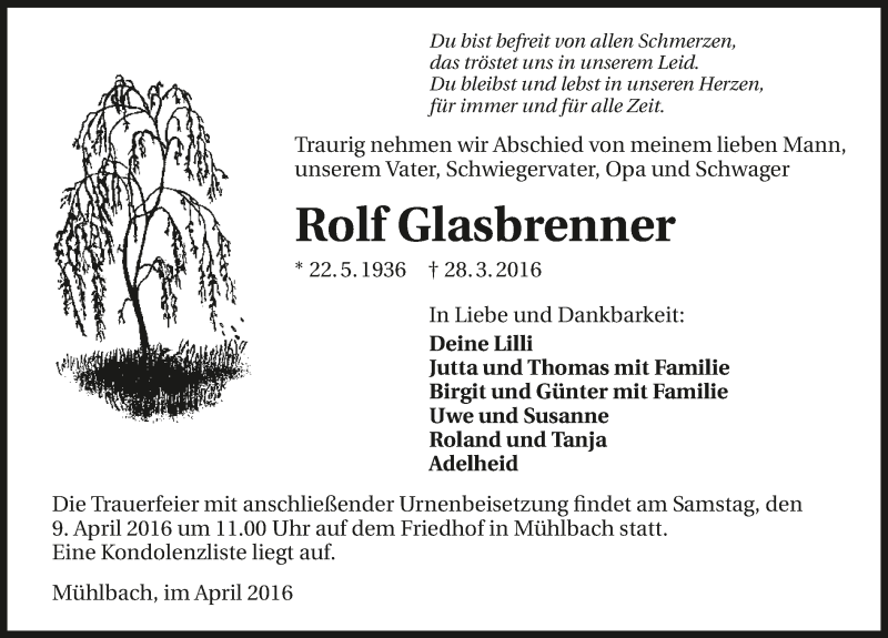  Traueranzeige für Rolf Glasbrenner vom 06.04.2016 aus 