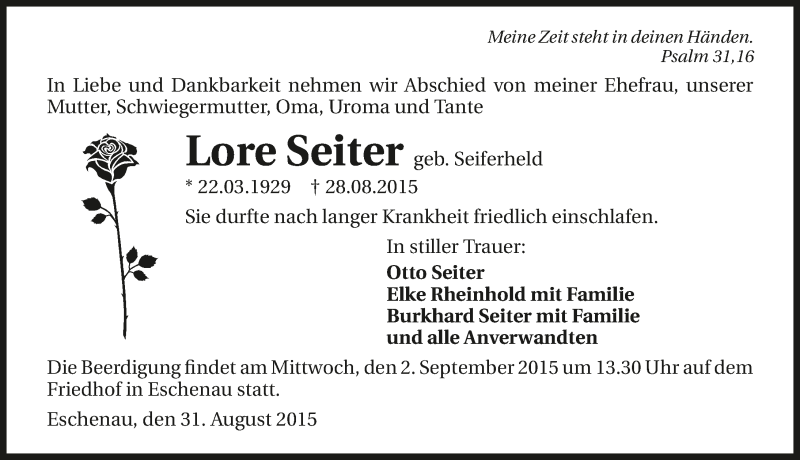  Traueranzeige für Lore Seiter vom 31.08.2015 aus 