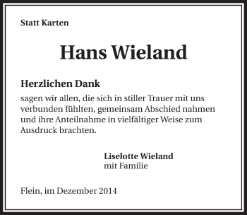Traueranzeige von Hans Wieland 