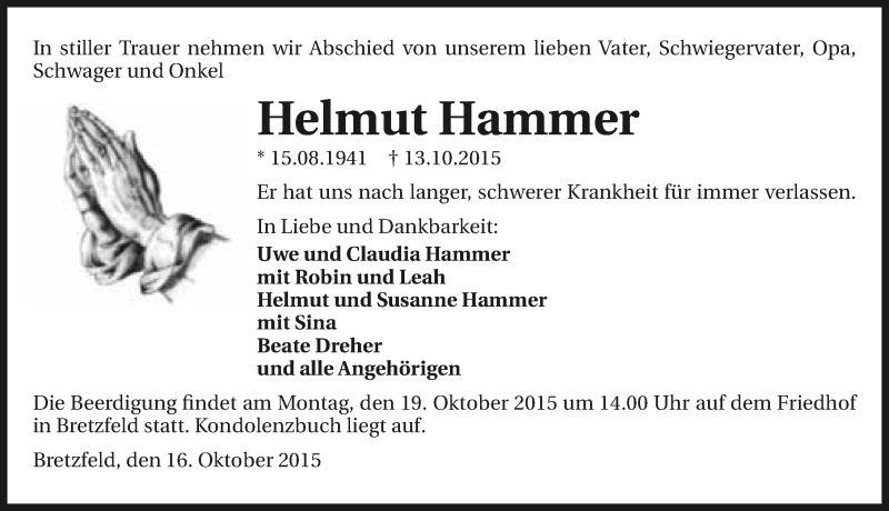  Traueranzeige für Helmut Hammer vom 16.10.2015 aus 