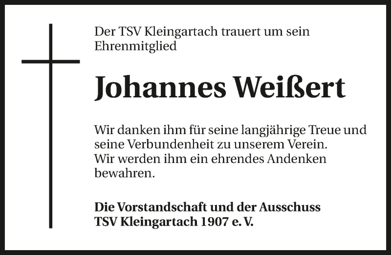  Traueranzeige für Johannes Weißert vom 03.07.2015 aus 
