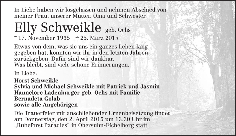  Traueranzeige für Elly Schweikle vom 28.03.2015 aus 
