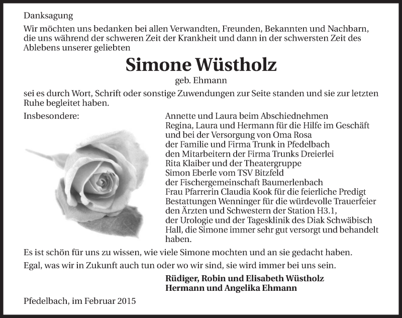  Traueranzeige für Simone Wüstholz vom 21.02.2015 aus 