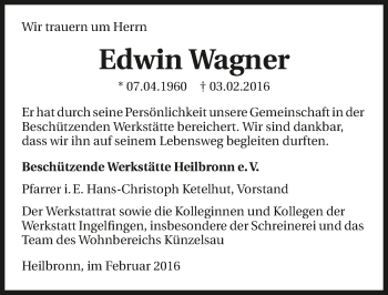 Traueranzeige von Edwin Wagner 