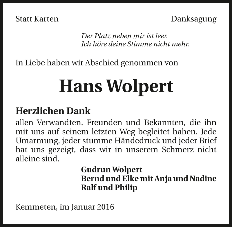  Traueranzeige für Hans Wolpert vom 12.01.2016 aus 