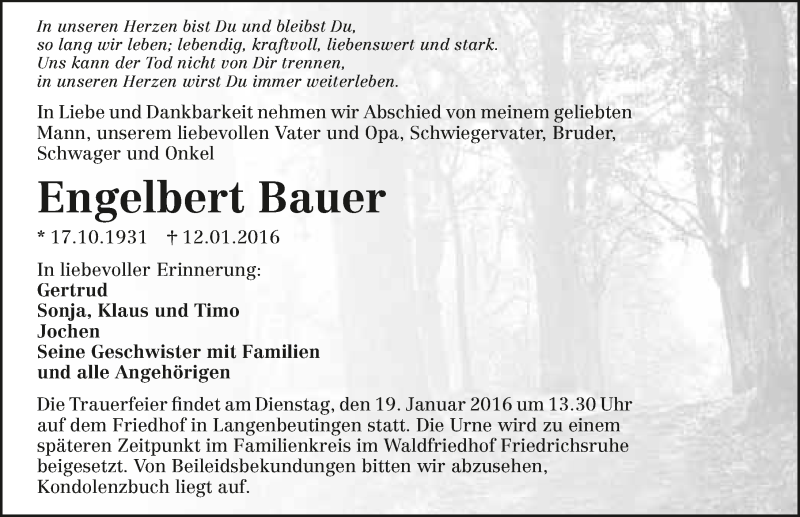  Traueranzeige für Engelbert Bauer vom 15.01.2016 aus 