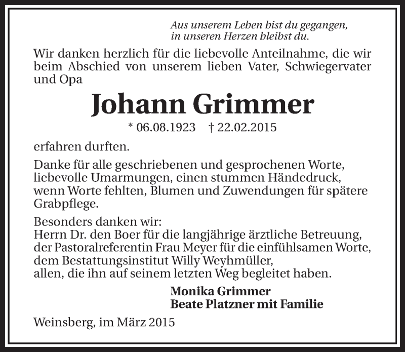  Traueranzeige für Johann Grimmer vom 14.03.2015 aus 