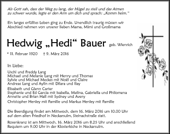 Traueranzeige von Hedwig Bauer 
