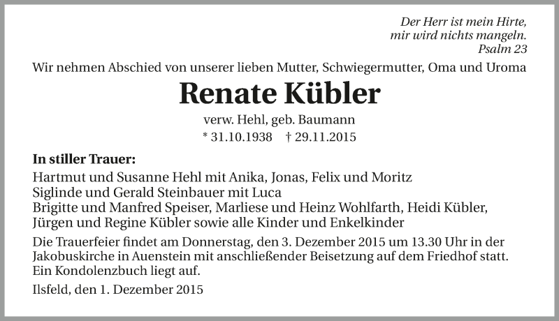  Traueranzeige für Renate Kübler vom 01.12.2015 aus 