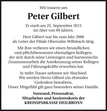 Traueranzeige von Peter Gilbert 