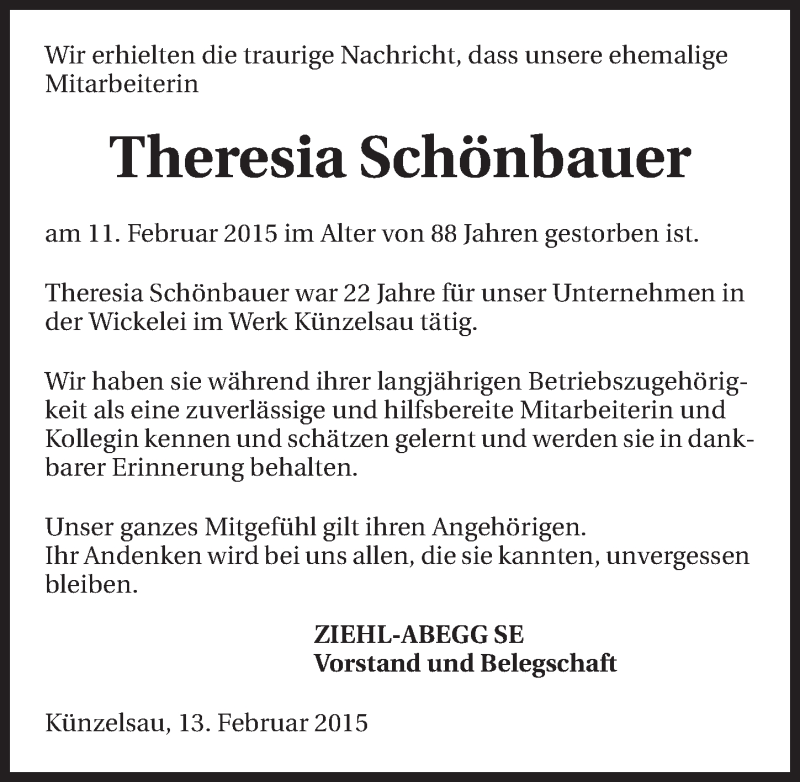  Traueranzeige für Theresia Schönbauer vom 16.02.2015 aus 