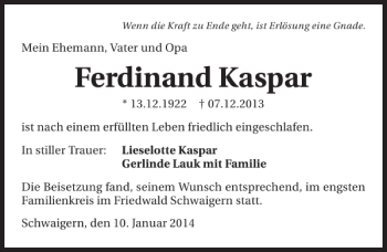 Traueranzeige von Ferdinand Kaspar 