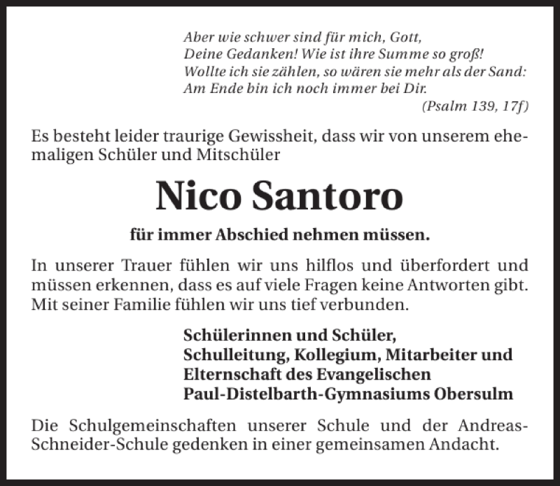  Traueranzeige für Nico Santoro vom 11.01.2014 aus 