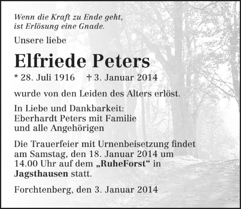  Traueranzeige für Elfriede Peters vom 15.01.2014 aus 