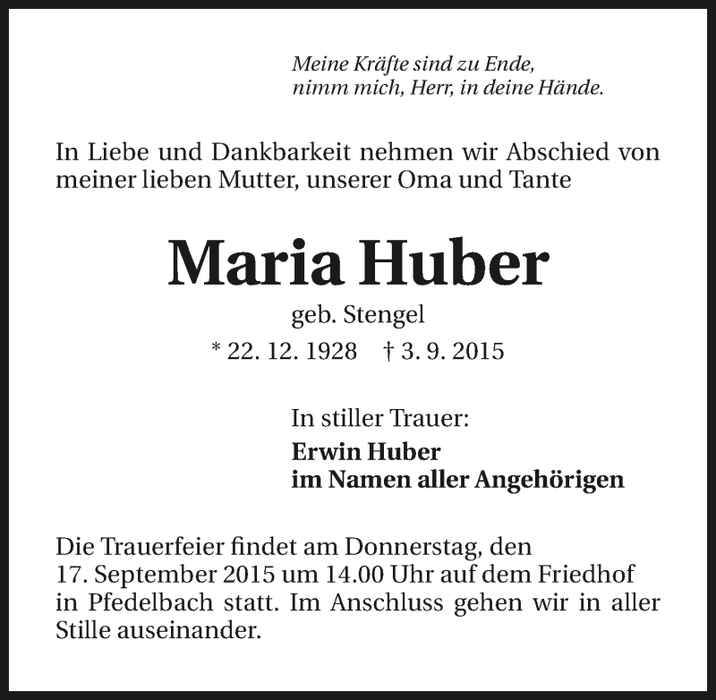  Traueranzeige für Maria Huber vom 14.09.2015 aus 
