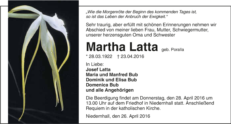  Traueranzeige für Martha Latta vom 26.04.2016 aus 