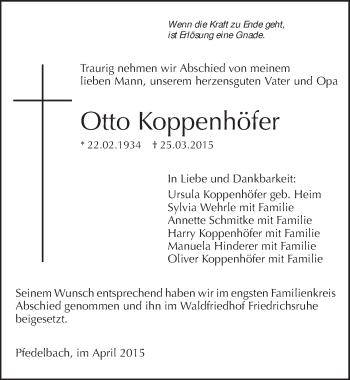 Traueranzeige von Otto Koppenhöfer 