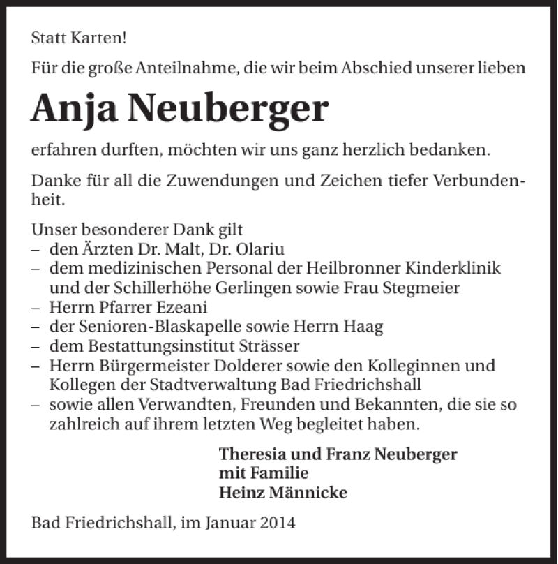  Traueranzeige für Anja Neuberger vom 21.01.2014 aus 