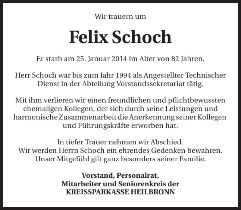  Traueranzeige für Felix Schoch vom 29.01.2014 aus 