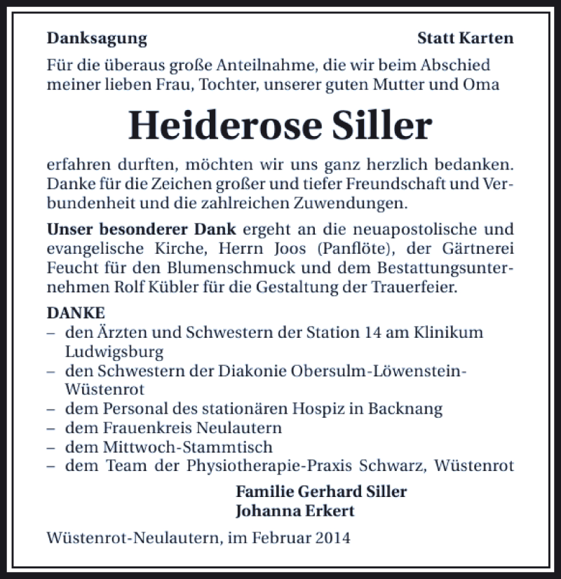  Traueranzeige für Heiderose Siller vom 05.02.2014 aus 